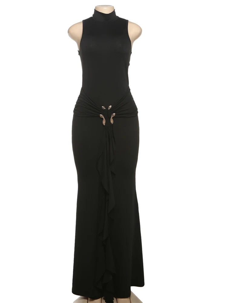 Elegant Turtleneck Sleeveless Bodycon Dress with Sequins VestiVogue