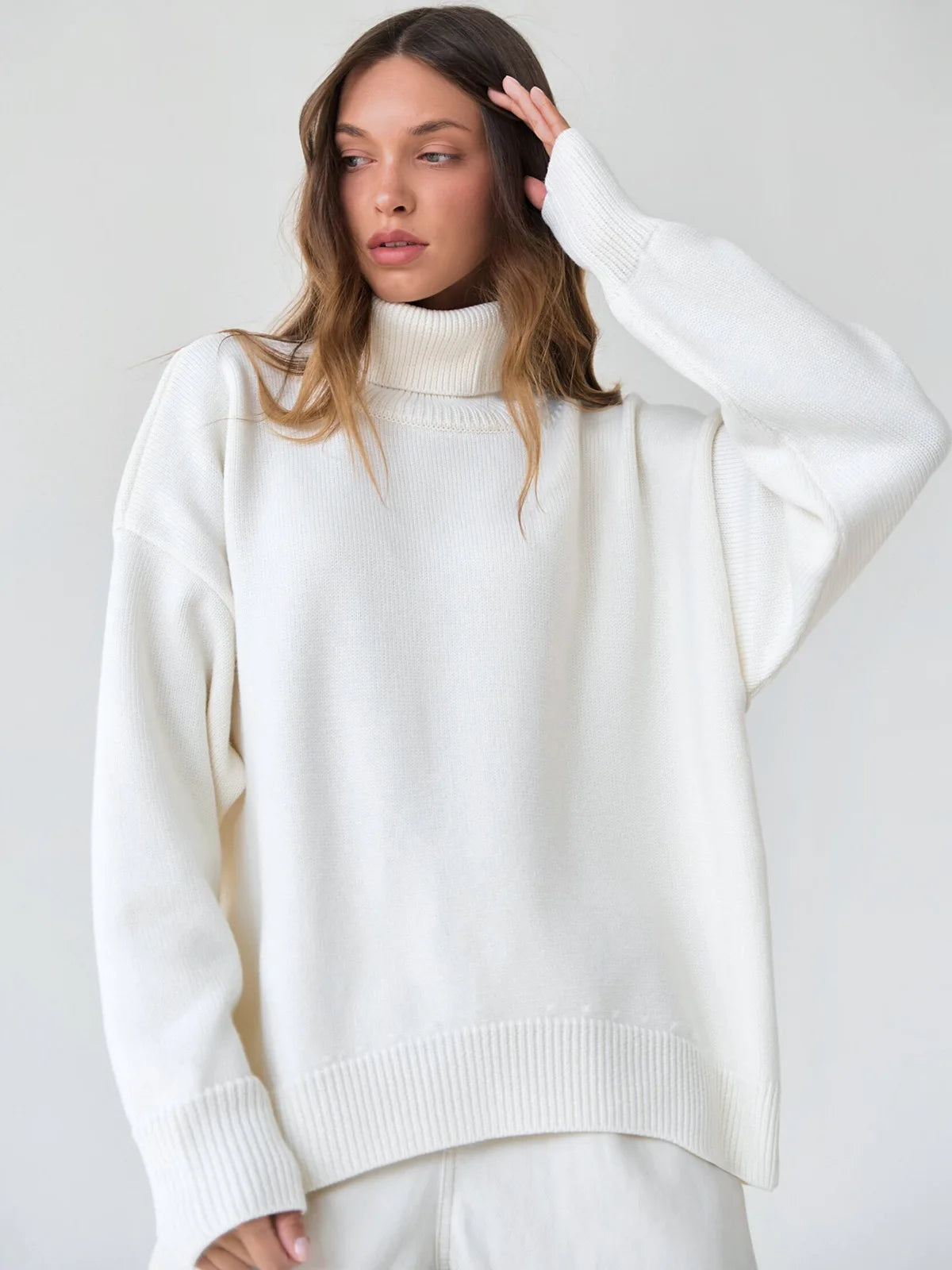 Oversized Women's White Turtleneck Knit Pullover Sweater VestiVogue