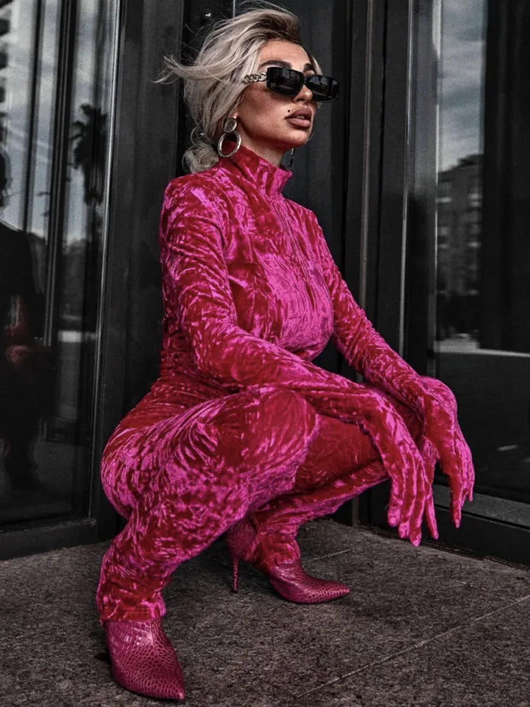 Hot Pink Velvet Bodycon Jumpsuit for Women VestiVogue  