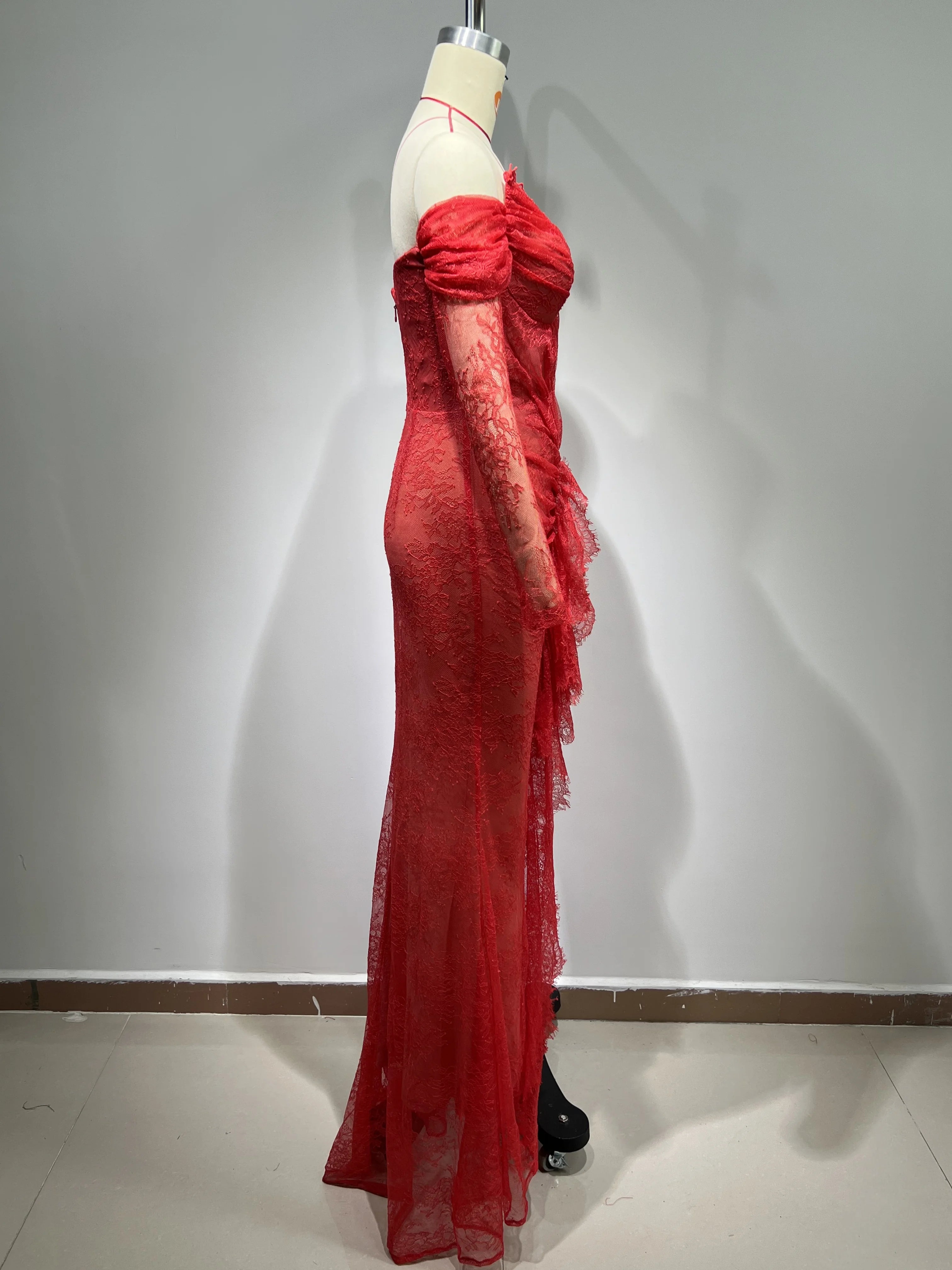 Luxury Red Lace Evening Maxi Dress for Women VestiVogue  