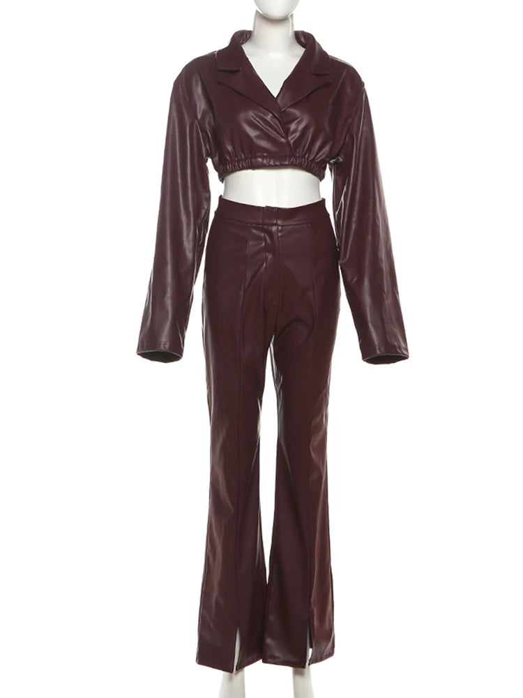 Chic Faux Leather Two-Piece Set with Navel-Exposing Top and High-Waisted Zipper Pants VestiVogue