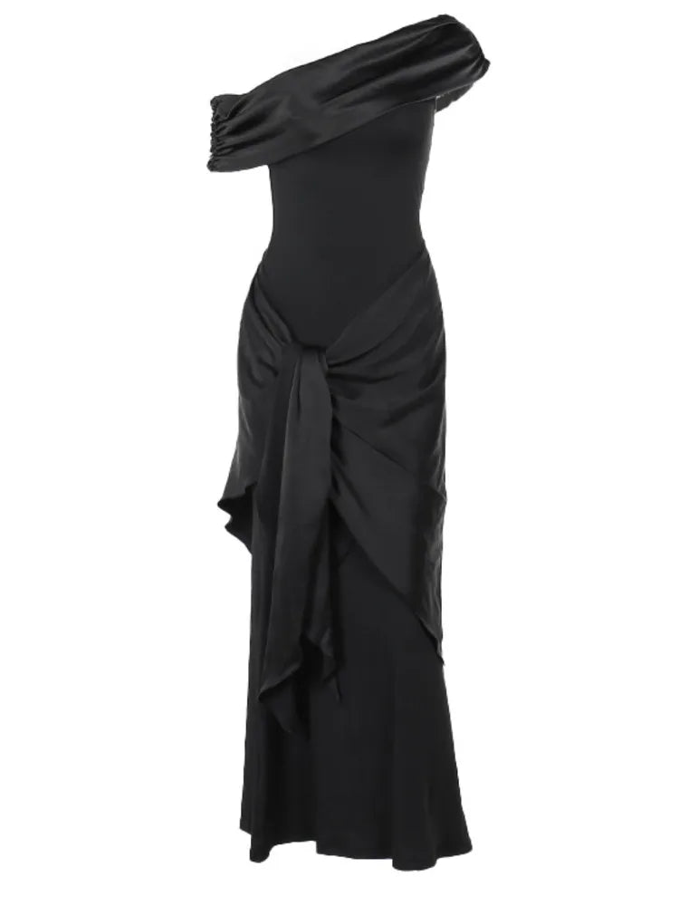 One Shoulder Mesh Patchwork Ribbon Dress - Elegant Slim Fit Black Evening Dress VestiVogue  