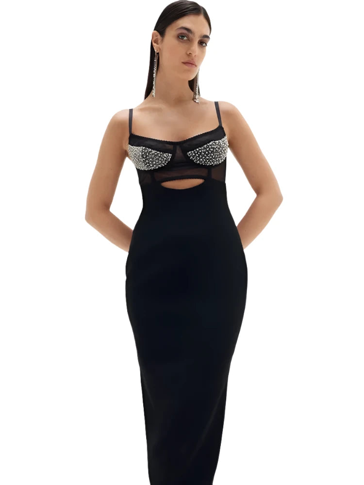 Sleveless Cutout Black Beading Midi Bandage Dress VestiVogue  