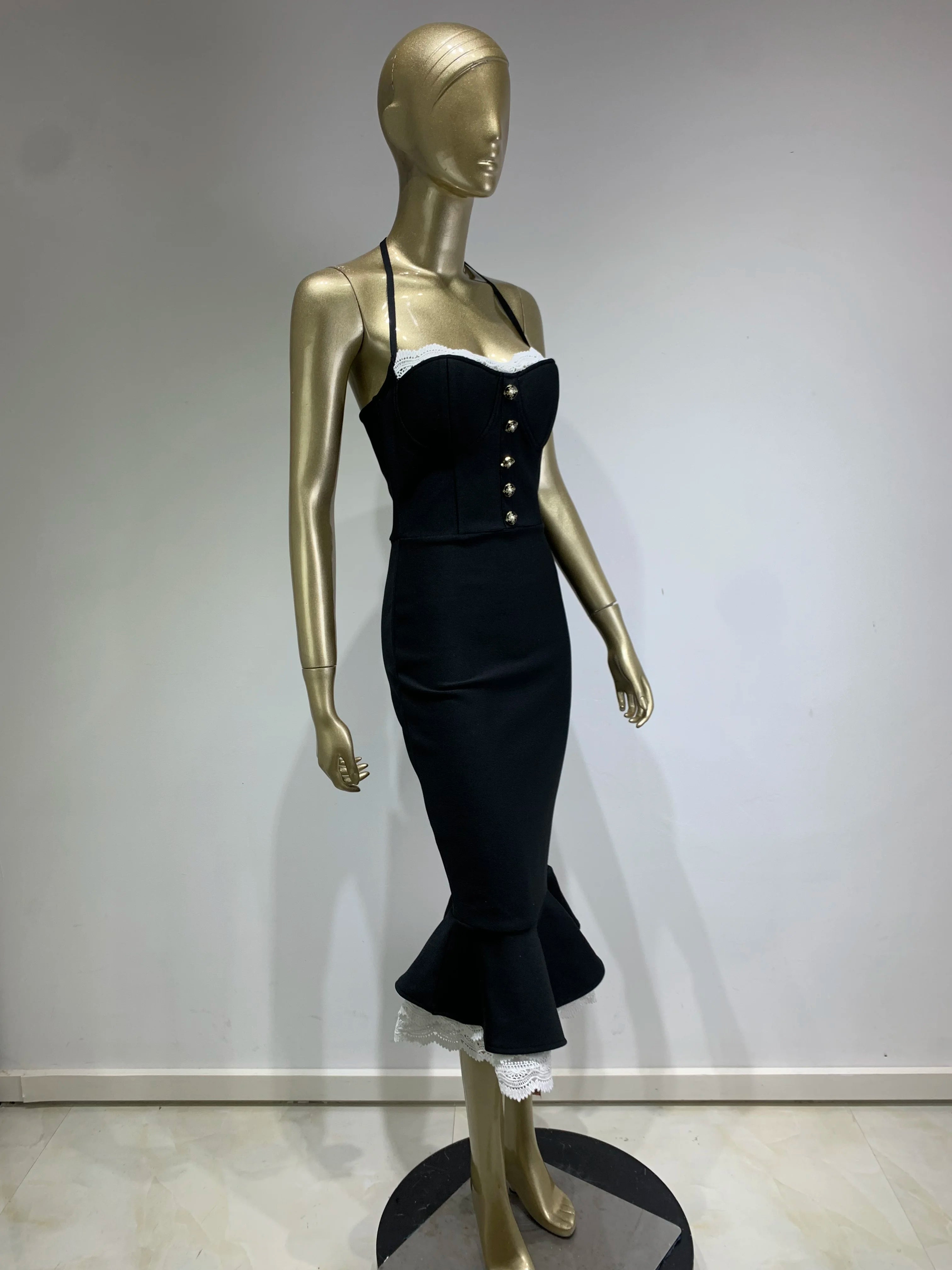 Elegant Backless Black Mermaid Midi Dress VestiVogue