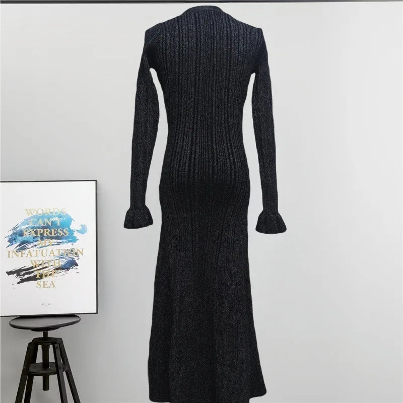 Elegant V-Neck Flare Sleeve Knitted Dress VestiVogue