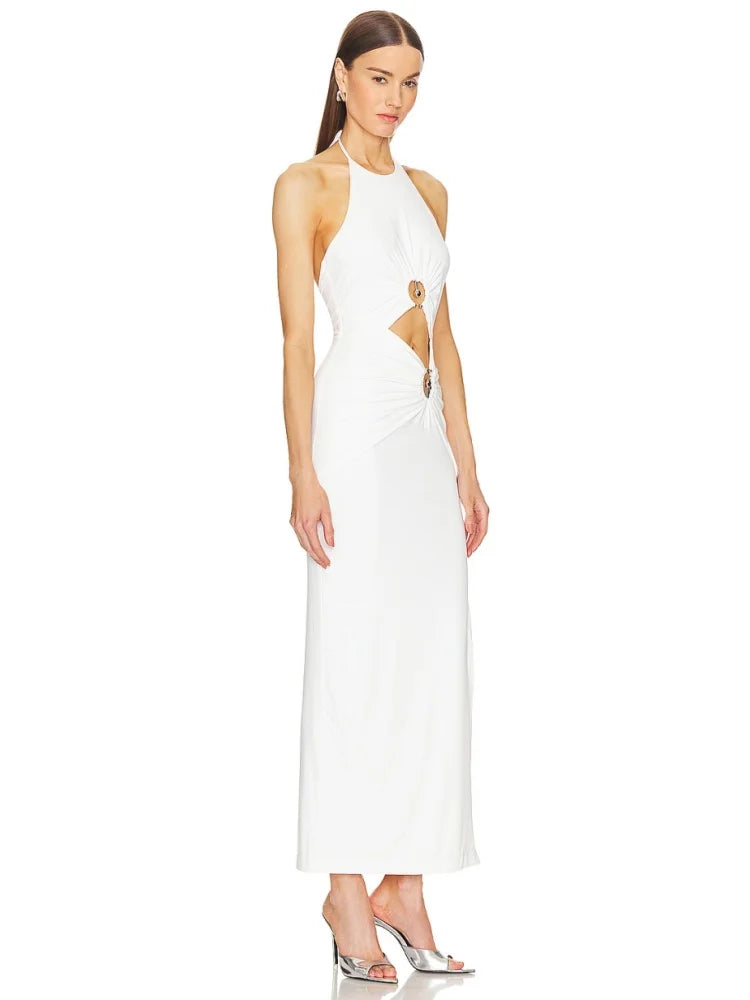 White Halter Cut Out Long Gown VestiVogue