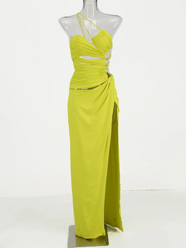 One Shoulder Yellow Backless Split Maxi Dress VestiVogue  