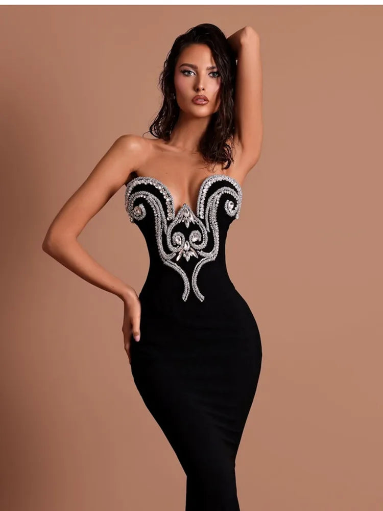 Strapless Black Beaded Bodycon Maxi Dress VestiVogue