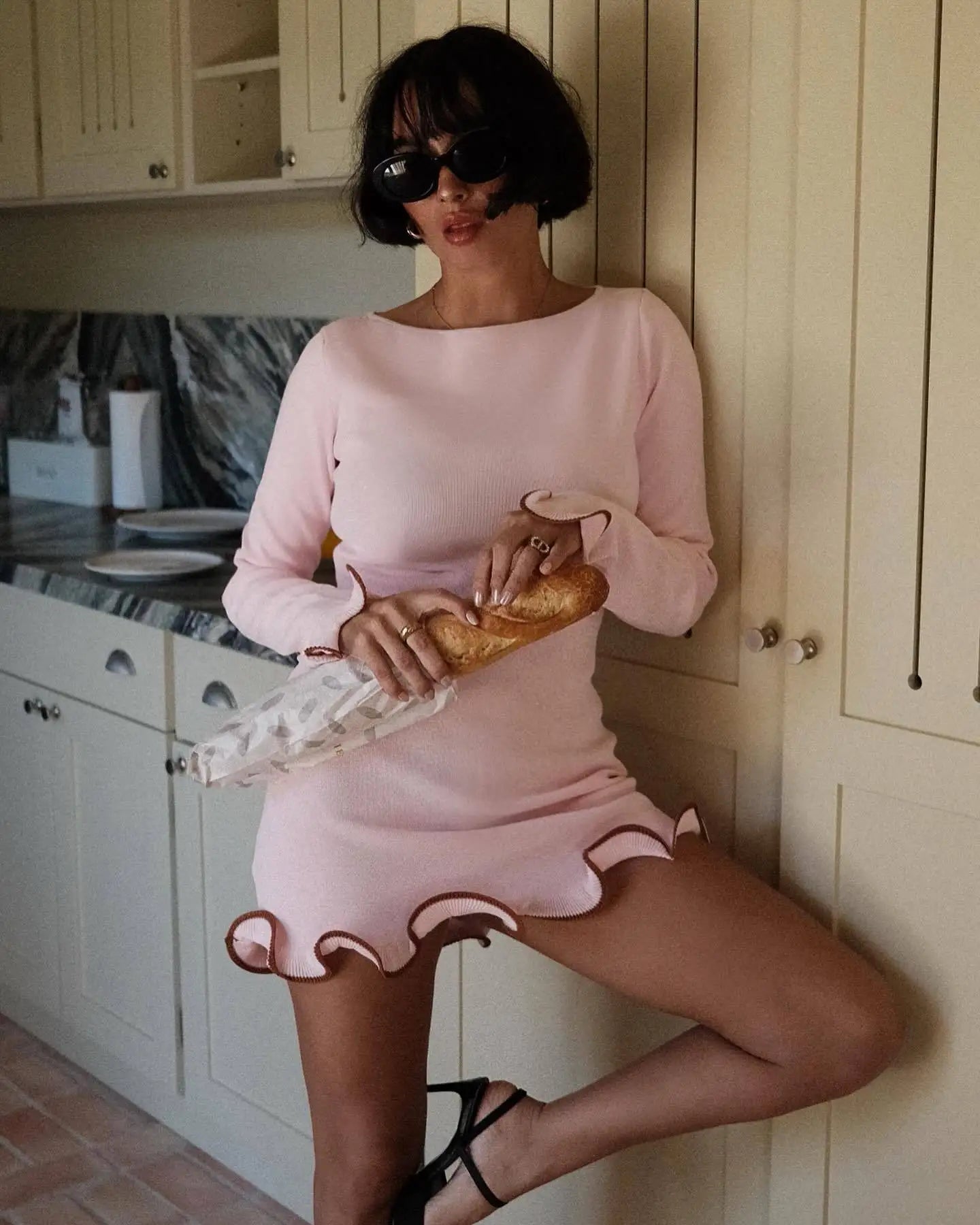 Autumn Ruffle Detail Knitted Mini Dress VestiVogue Pink S