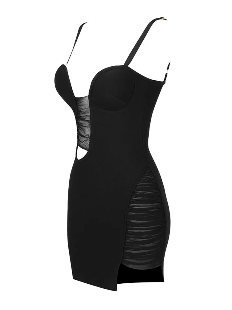 V Neck Backless Mesh Black Mini Dress VestiVogue  