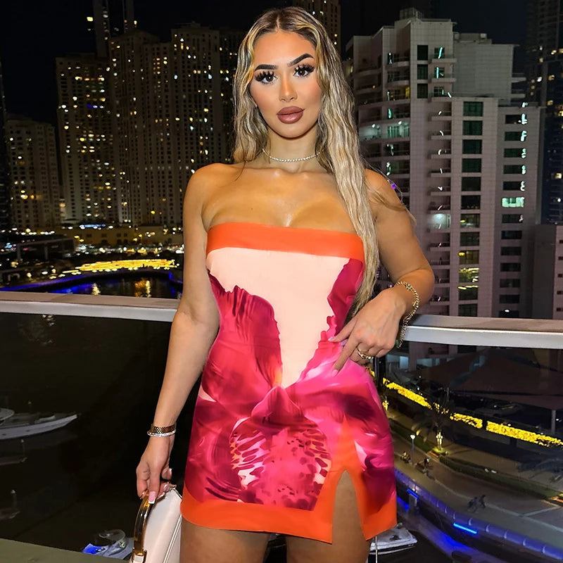 Elegant Floral Strapless Slit Dress for Effortless Summer Style VestiVogue