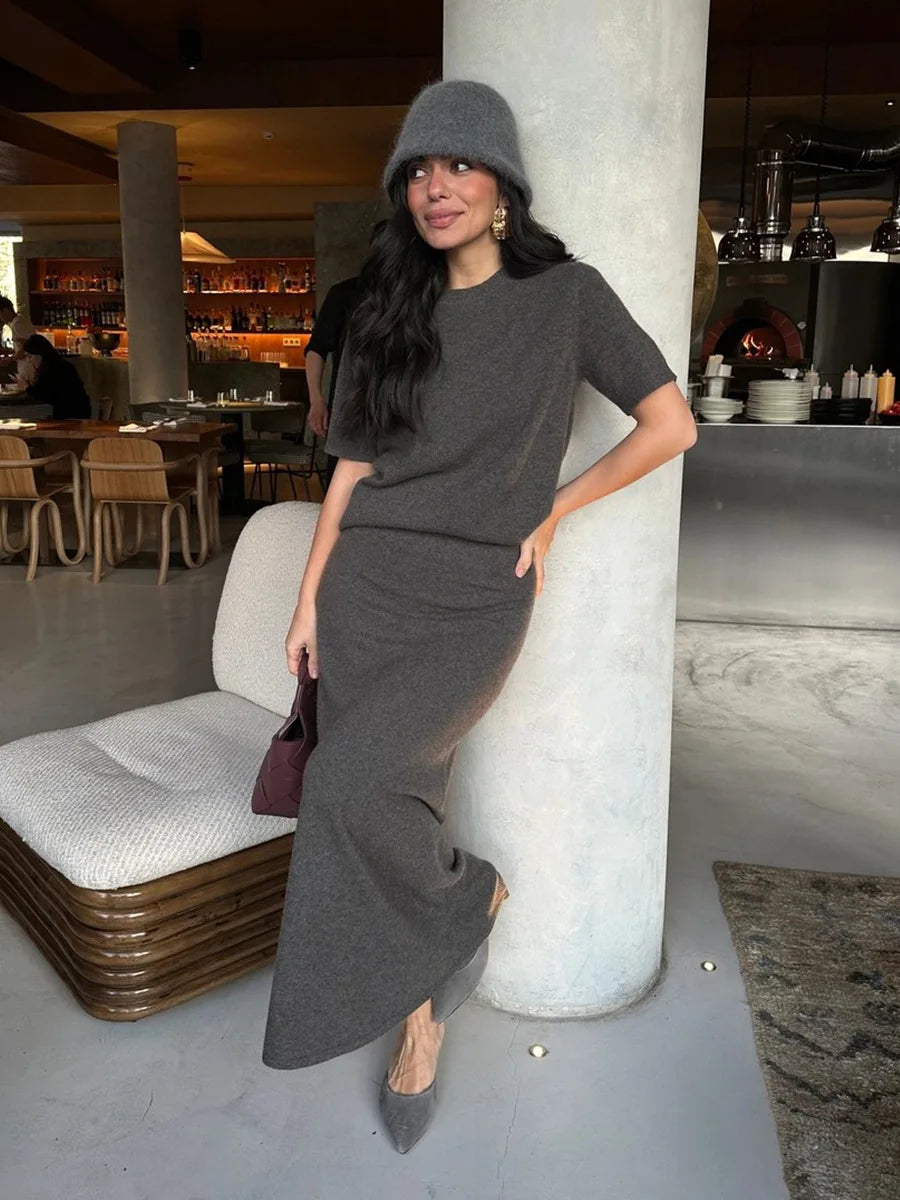 Knitted Maxi Skirt Set with Short Sleeve Sweater VestiVogue GRAY L