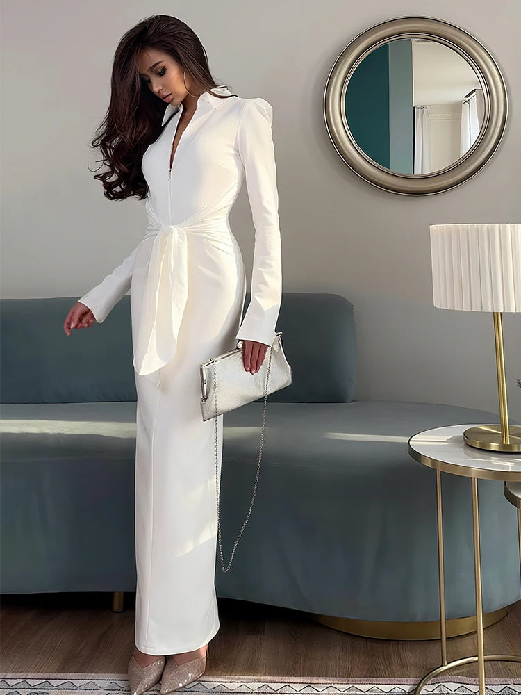 Elegant Shoulder Padded Bodycon Maxi Dress with Zip and Slit VestiVogue WHITE L