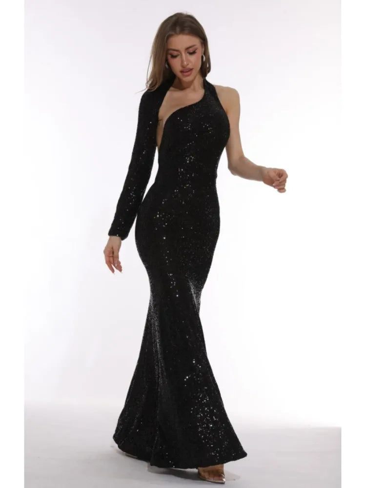 Sparkly Black Bodycon Maxi Dress VestiVogue