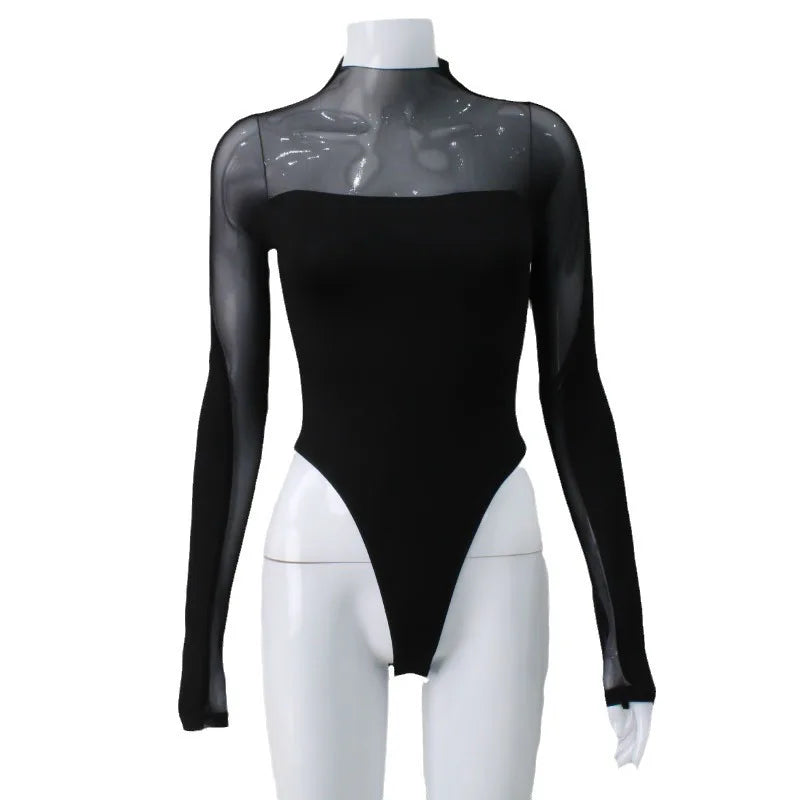 Chic Patchwork Mesh Long Sleeve Turtleneck Bodysuit VestiVogue