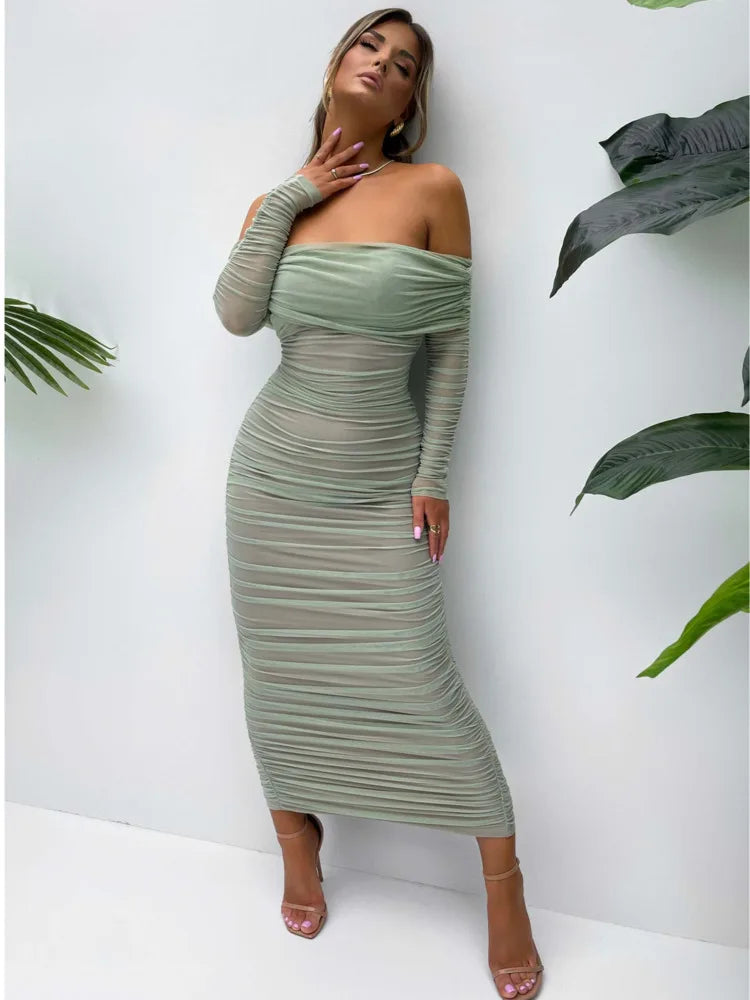 Elegant One Shoulder Mesh Long Sleeve Bodycon Evening Dress VestiVogue  