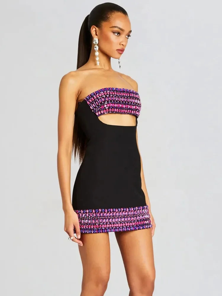 Vibrant Crystal Strapless Bodycon Mini Dress VestiVogue  