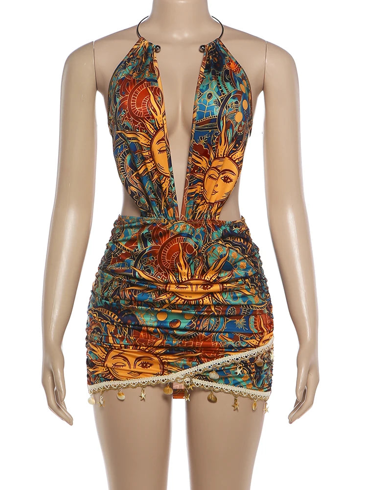 Backless Colourful Print Bodycon Dress with Metal Ring Halter and Sequin Tassel Hem
