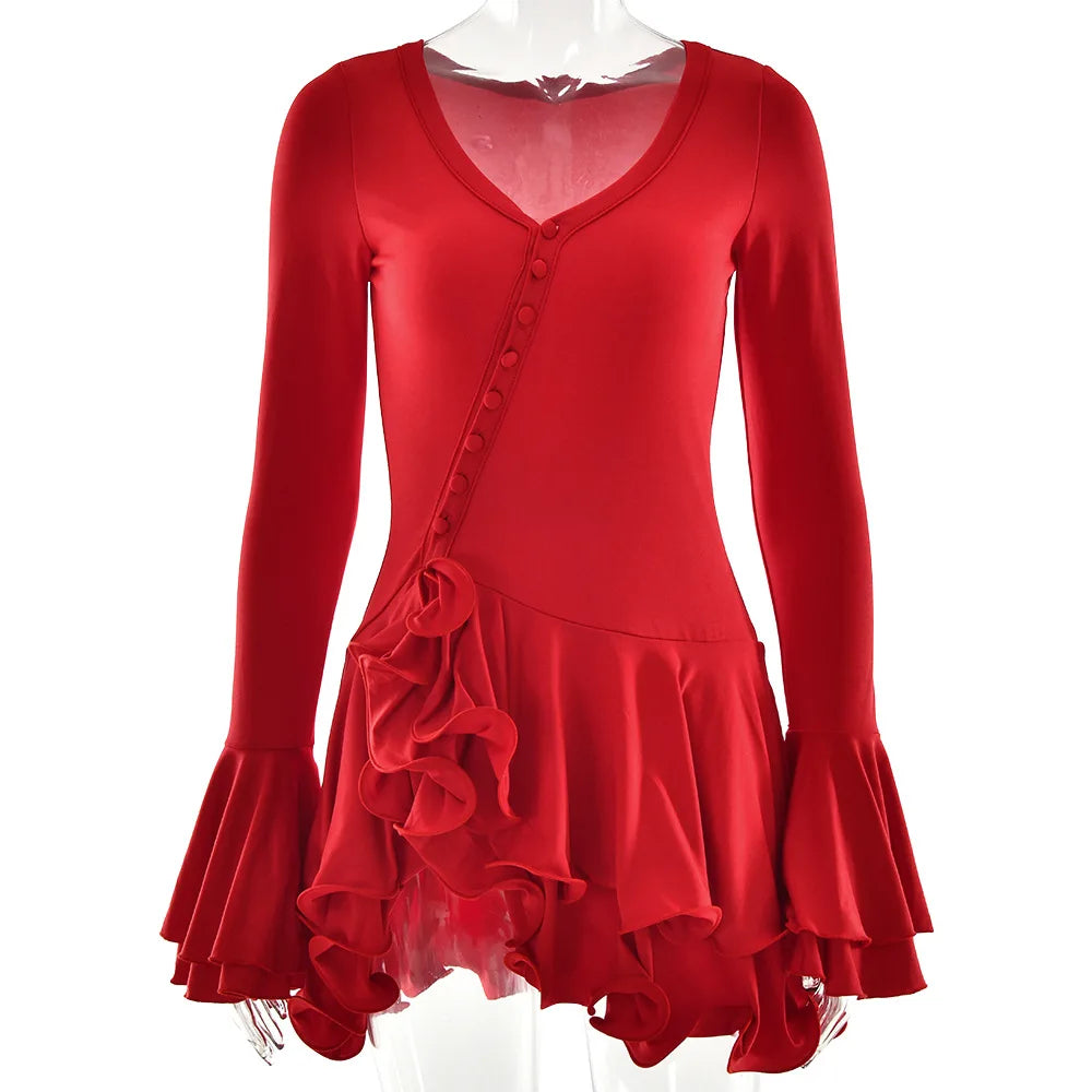 Red Ruffled V-Neck Mini Dress with Long Sleeves VestiVogue