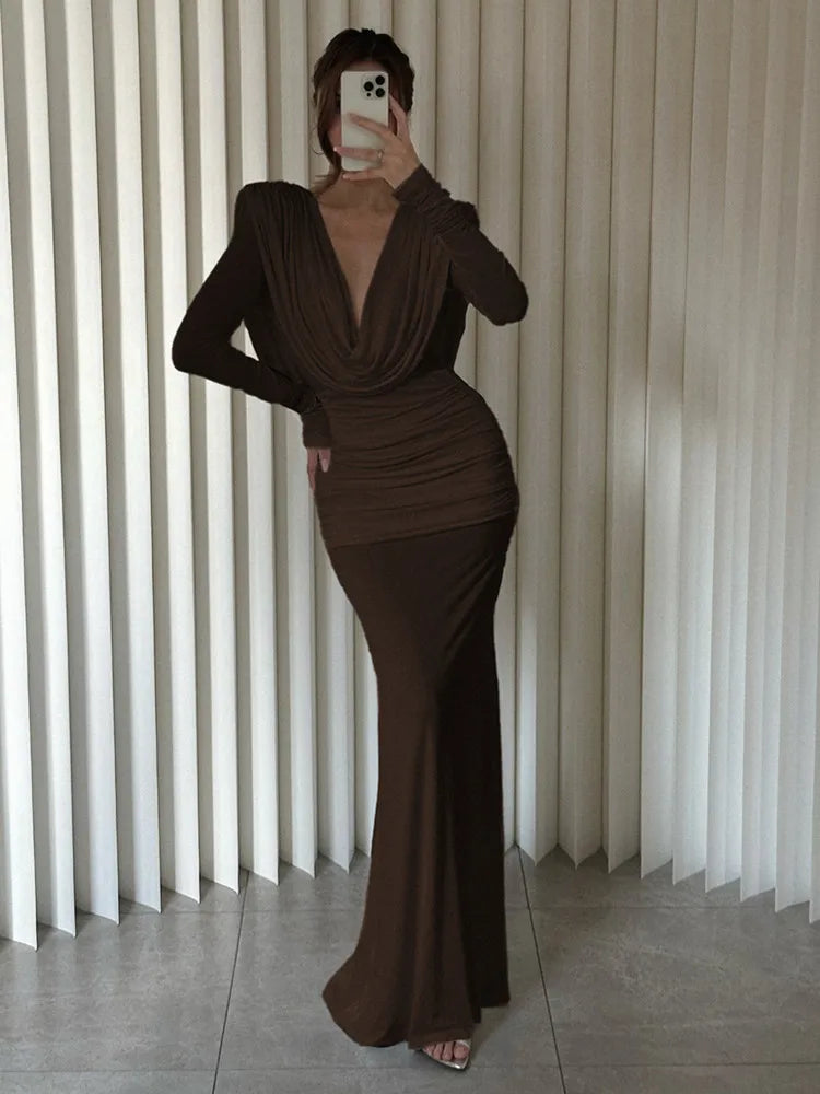 Velvet Ruched Deep V Neck Maxi Gown in Brown & White VestiVogue Brown M