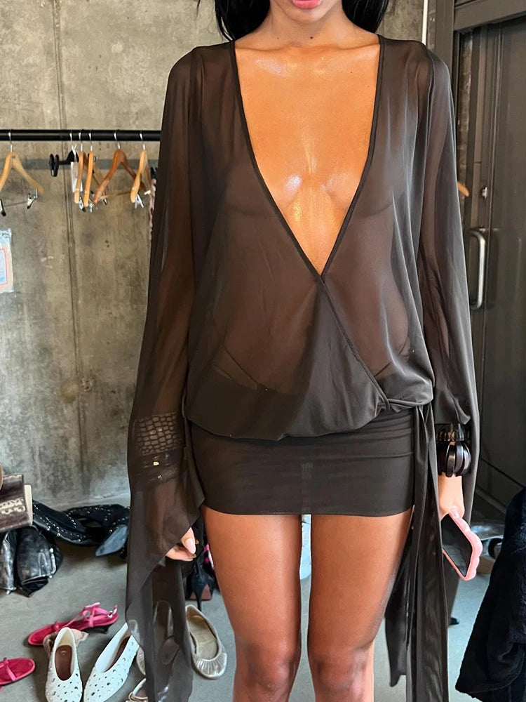 Asymmetrical Mesh Mini Dress with Long Sleeves VestiVogue