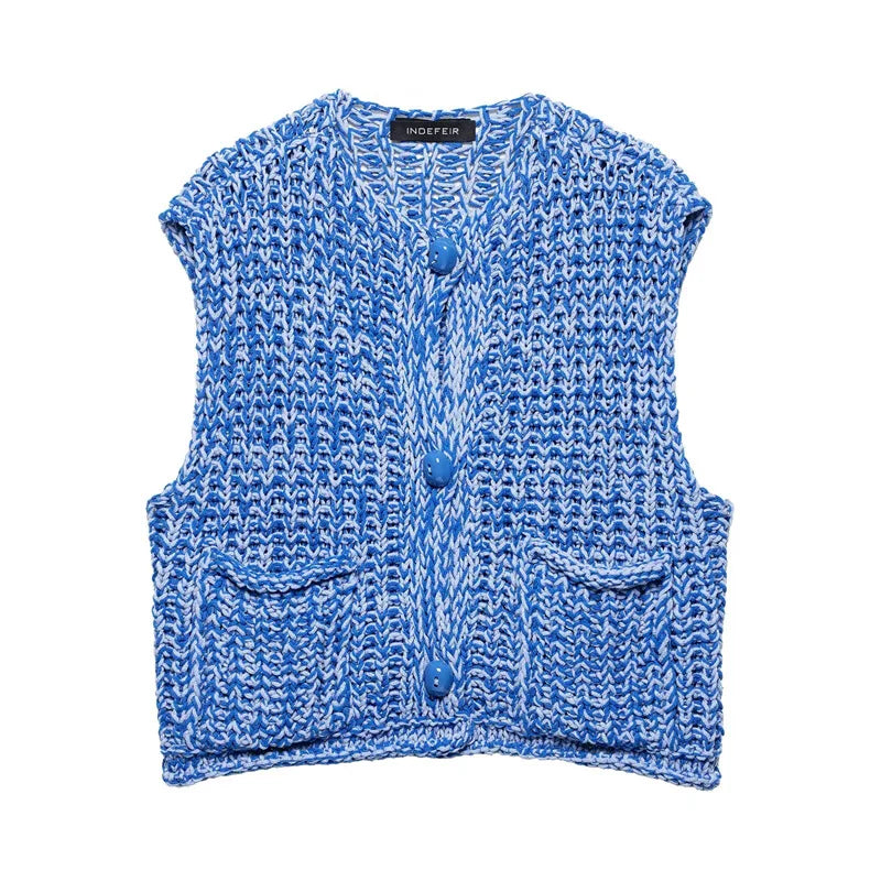 Chic Sleeveless Blue Knitted Top with Pockets VestiVogue Blue M