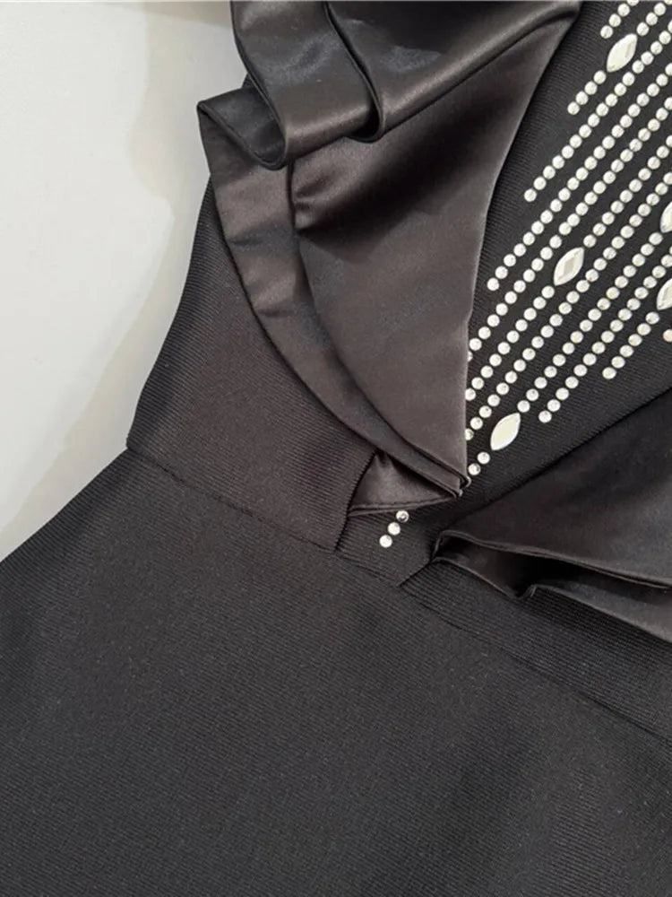 Elegant Black Ruffle Maxi Dress with Diamonds and Turtleneck VestiVogue