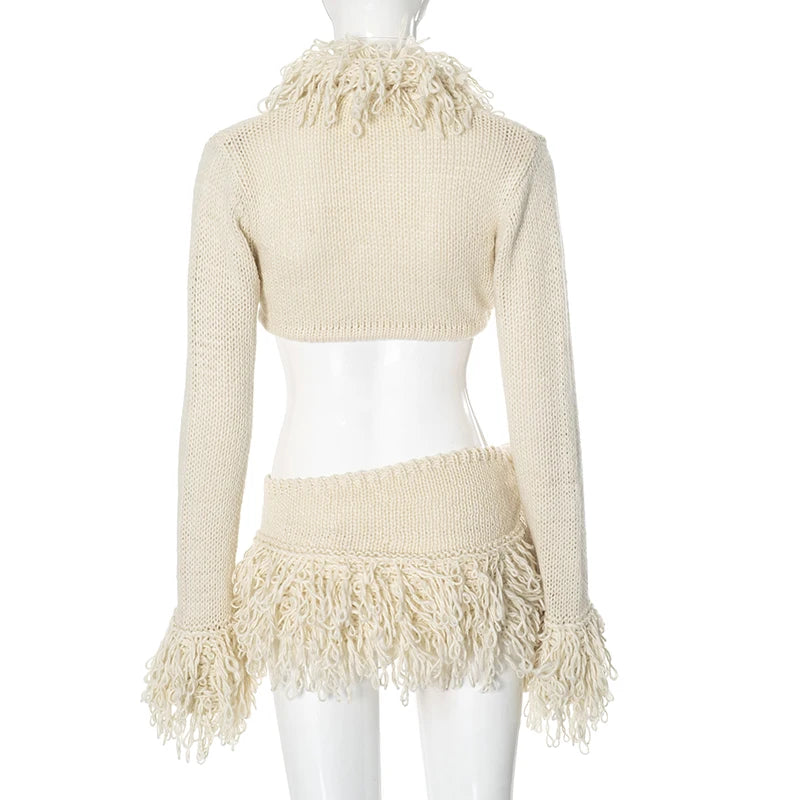 Chic Knit Tie Cardigan and Mini Skirt Set VestiVogue