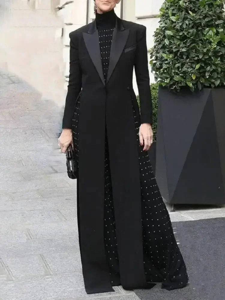 Elegant Extra-Long Notched Collar Blazer Coat with Split-Side Design VestiVogue