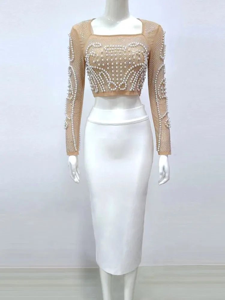 Sparkly Beaded Lace Long Sleeve Top VestiVogue