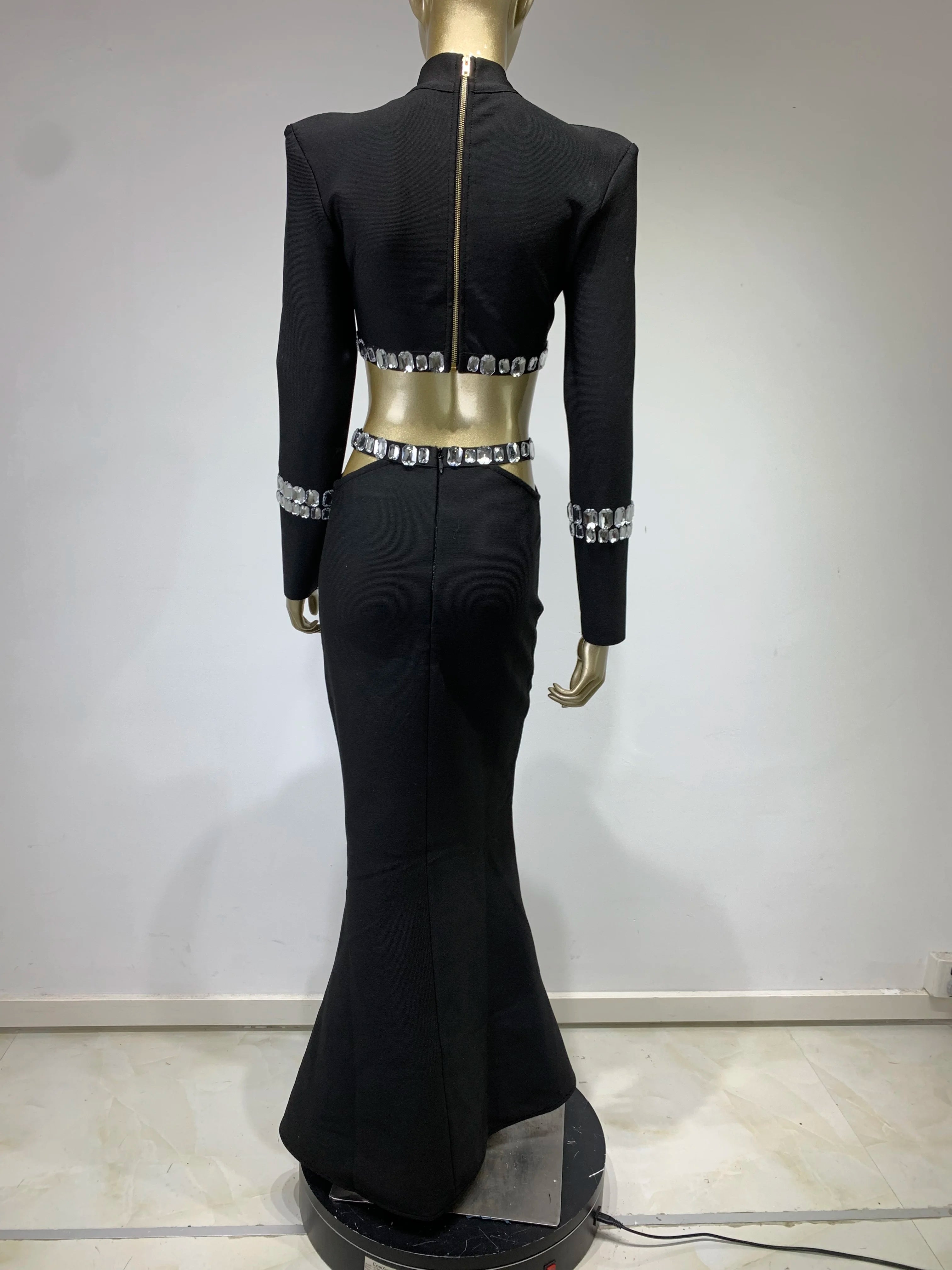 Elegant Black Fishtail Maxi Skirt & Turtleneck Set VestiVogue