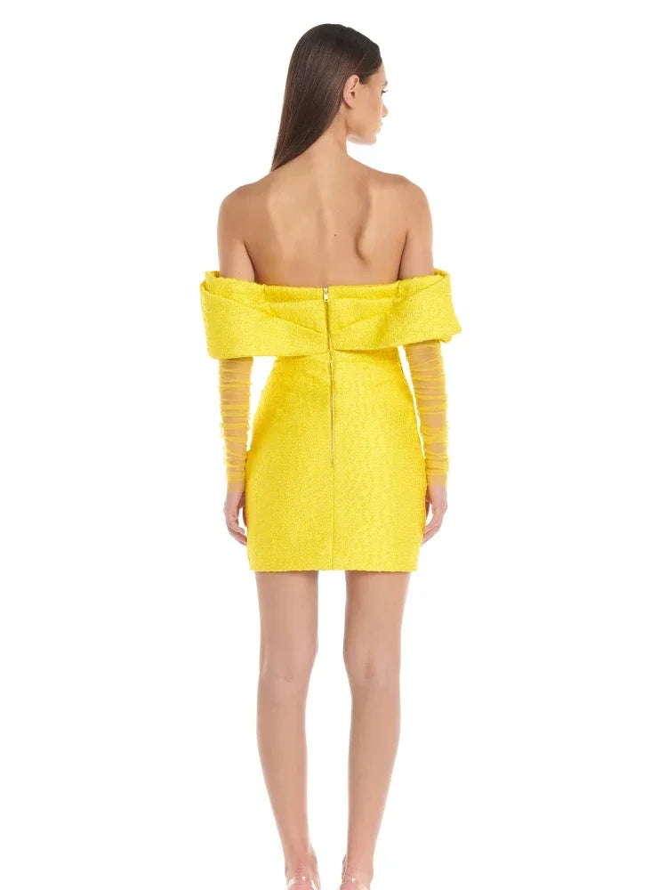 Elegant Yellow Strapless Mini Dress with Mesh Patchwork VestiVogue