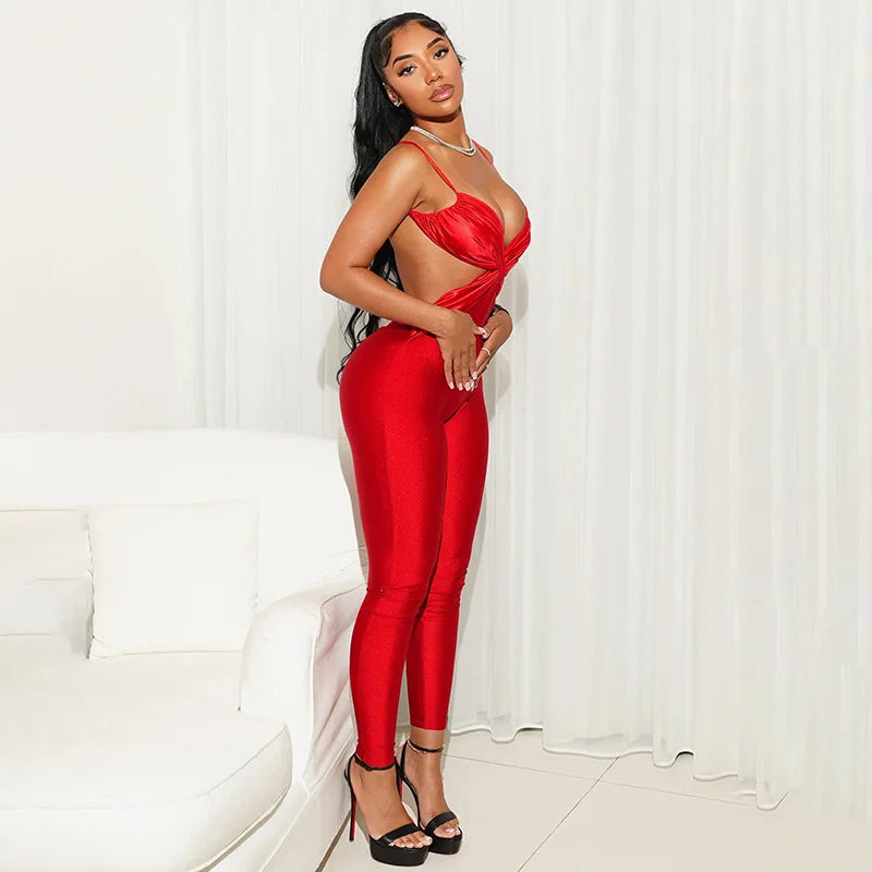 Elegant Backless Spaghetti Strap Jumpsuit with Cross Hollow Design VestiVogue Red S