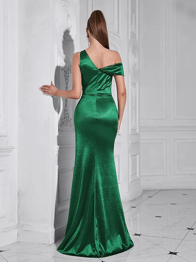 One Shoulder Asymmetrical Green Satin Maxi Dress VestiVogue