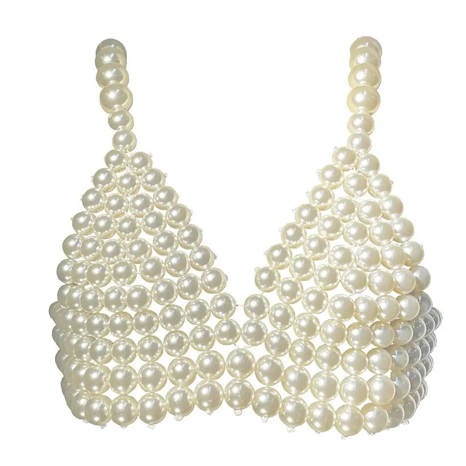 Elegant Backless V Neck Pearls Crop Top VestiVogue