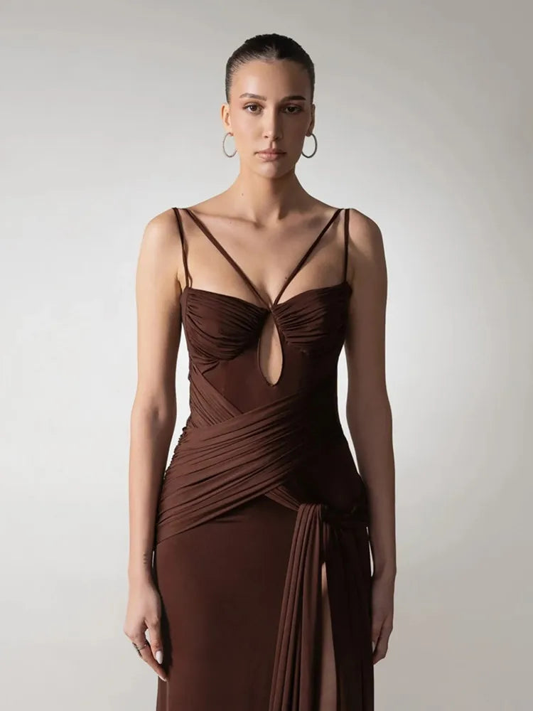 Elegant Brown Ruched Bodycon Maxi Gown VestiVogue