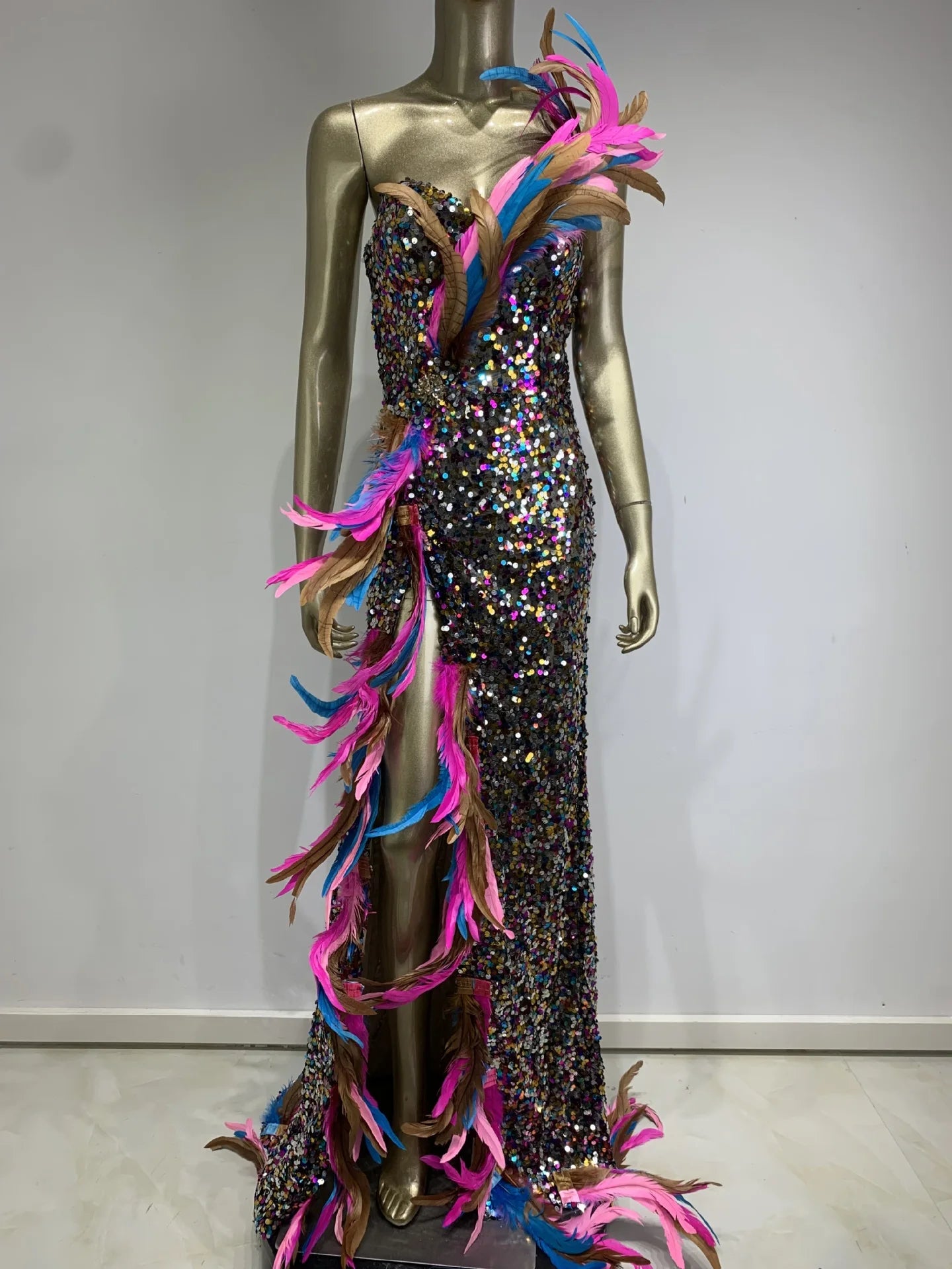 Strapless Colourful Feather Sequin Maxi Dress VestiVogue  