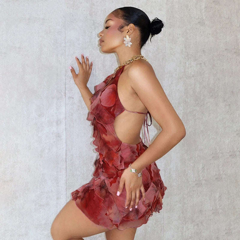 Floral Ruffles Halter Neck Mini Dress VestiVogue