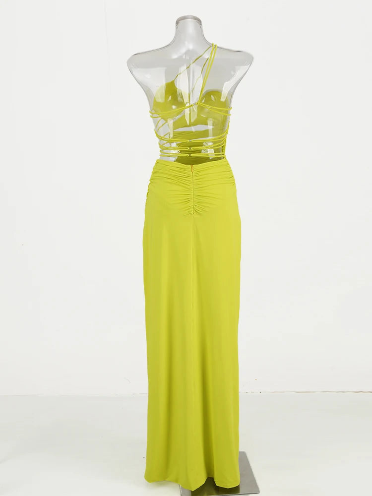 One Shoulder Yellow Backless Split Maxi Dress VestiVogue  