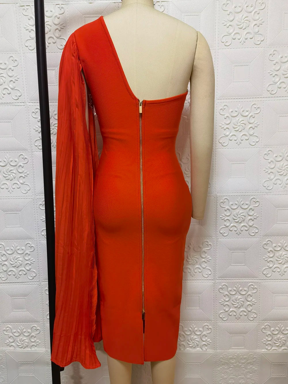 One-Shoulder Orange Bodycon Midi Dress VestiVogue