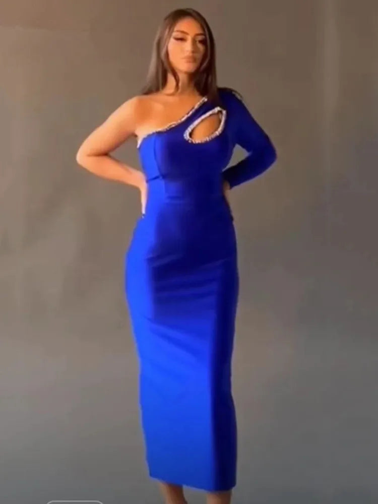 Elegant One-Shoulder Blue Diamond Bandage Dress VestiVogue  