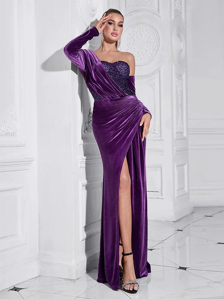 Asymmetrical Sequins Velvet Maxi Dress with Split VestiVogue