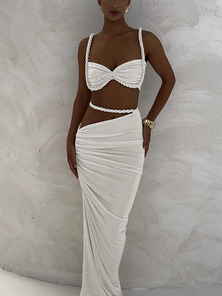 Square Collar Bra and Maxi Skirt Set VestiVogue WHITE XS