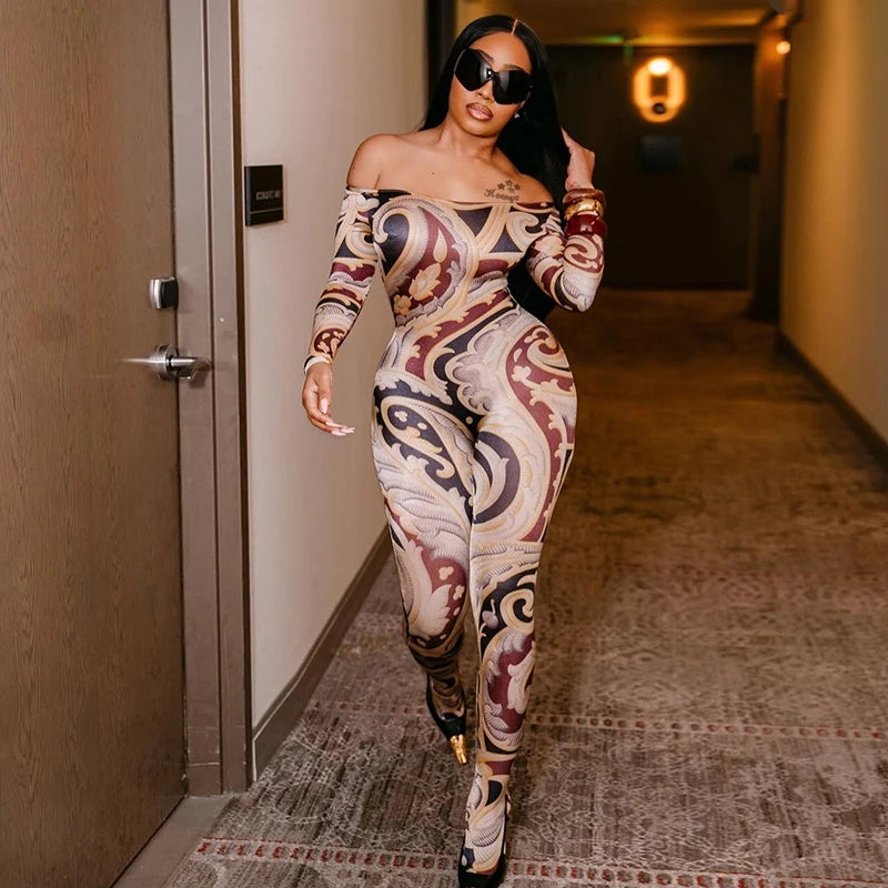 Chic One-Shoulder Printed Jumpsuit with Slim Fit and Long Sleeves VestiVogue Multi-Colored L