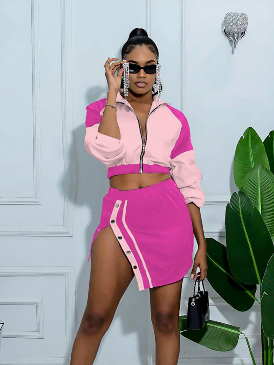 Sporty Contrast Two-Piece Set with Crop Jacket and Slit Skirt VestiVogue Pink M