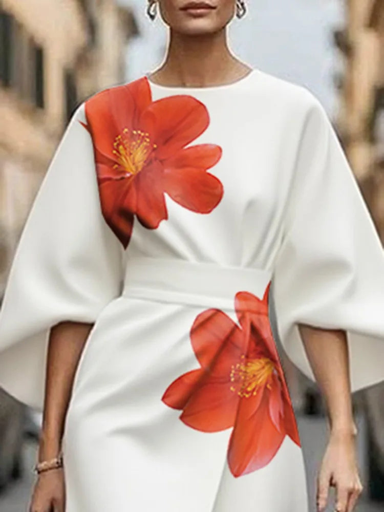 Floral Printed White High Waist Flare Sleeve Dress VestiVogue