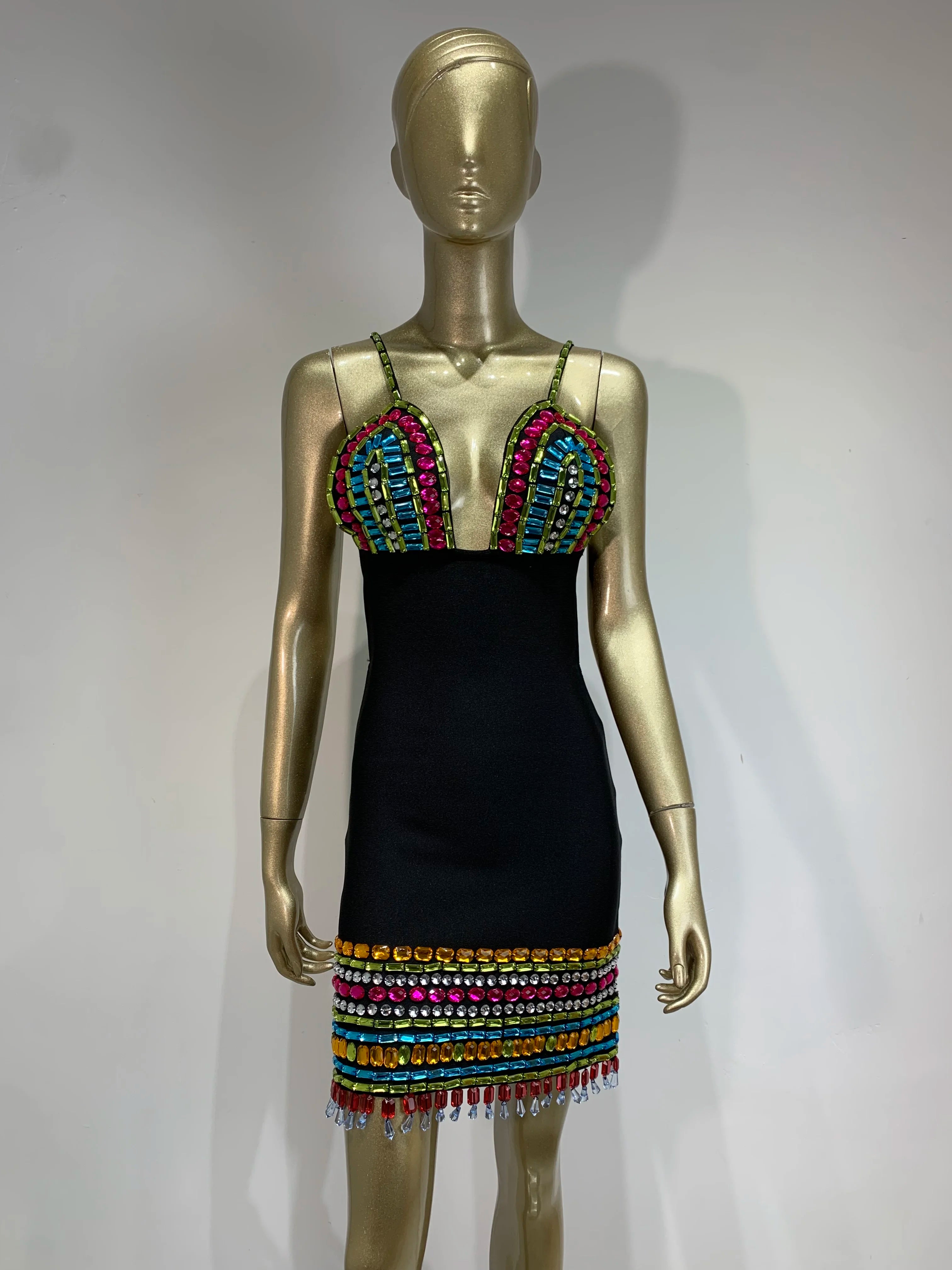 Colorful Crystal Diamonds Backless Black Mini Dress VestiVogue  