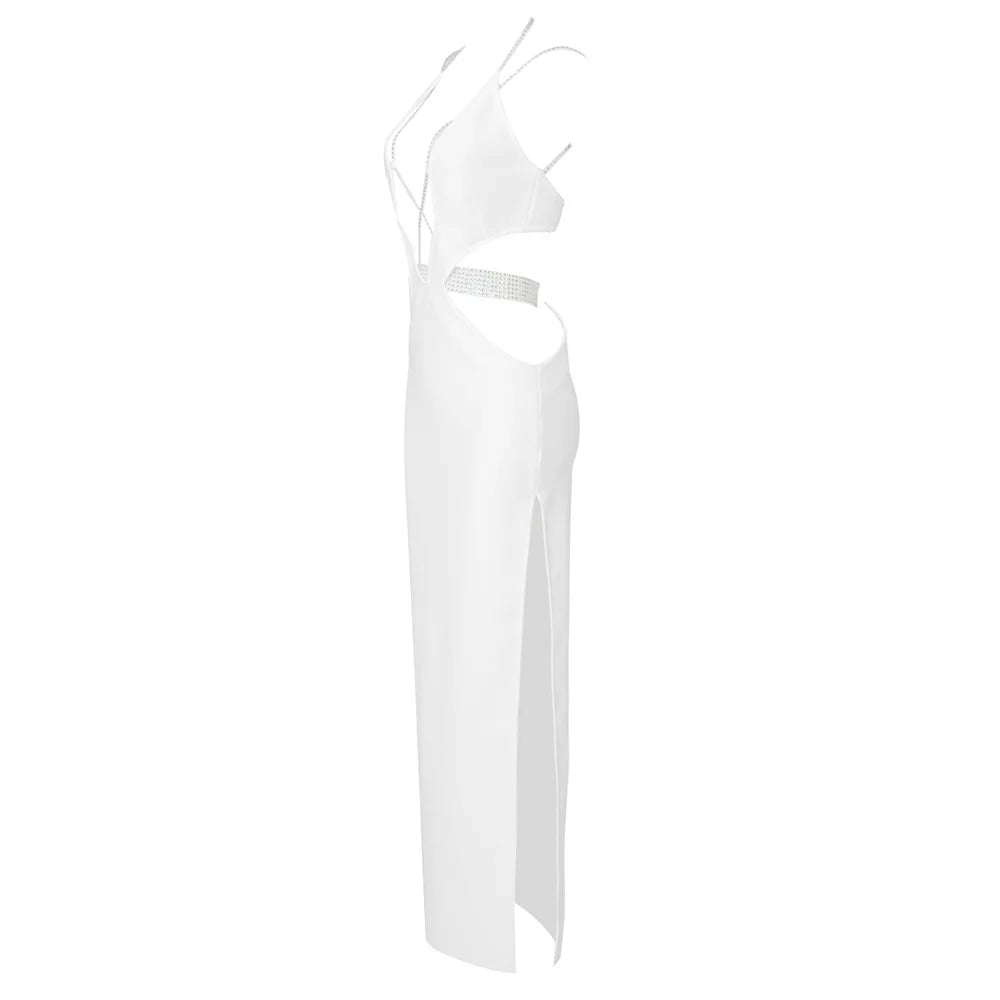 White Sexy V Neck Cut Out Crystal Maxi Dress VestiVogue