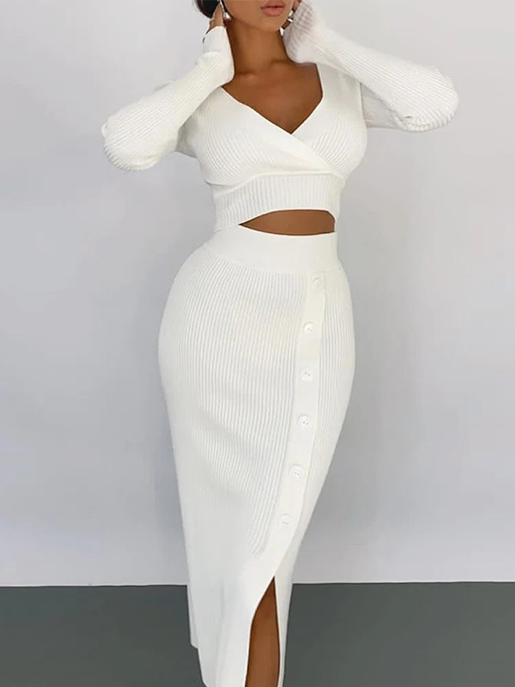 Chic Knitted V-Neck Crop Top and Midi Skirt Set VestiVogue