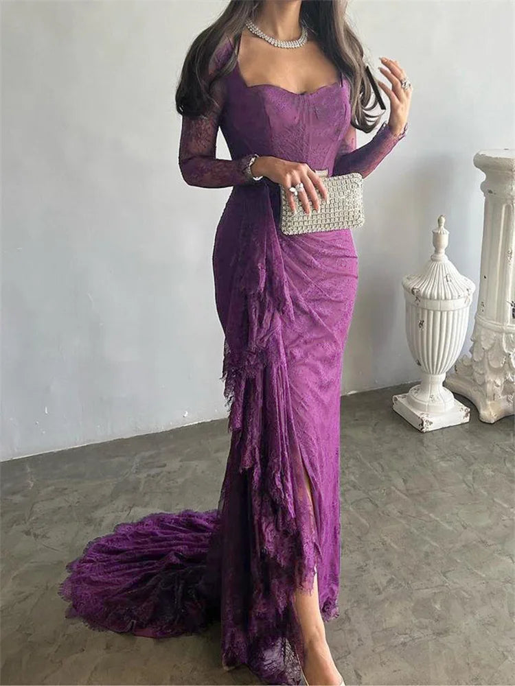 Ruffled Lace Maxi Dress with Square Neckline and Full Sleeves VestiVogue